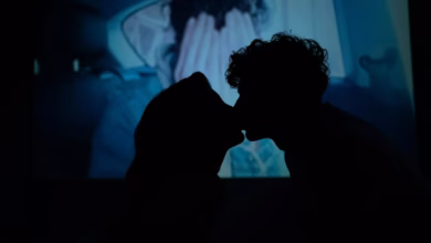 Silhouette of a couple sharing a romantic kiss with a projected background. Captures intimacy and love..